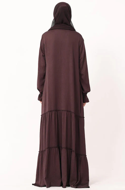 Modest Tiered Maxi Dress in Deep Plum – Elegant Long Sleeve Abaya Style