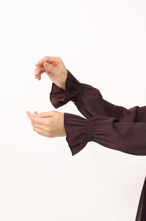 Modest Tiered Maxi Dress in Deep Plum – Elegant Long Sleeve Abaya Style