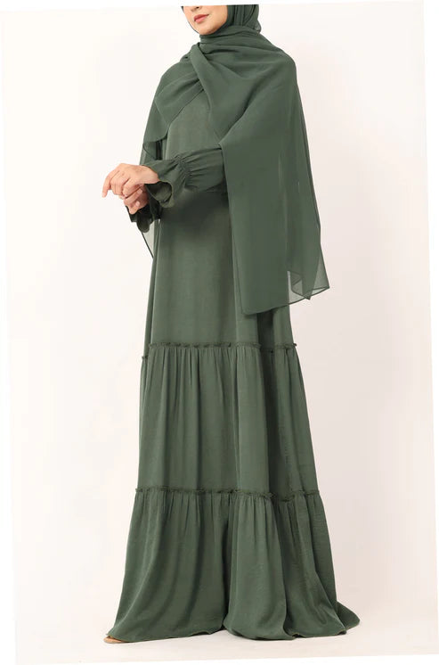 Olive Green Tiered Abaya Dress – Modest Ruffle Maxi Dress with Sleeves abaya