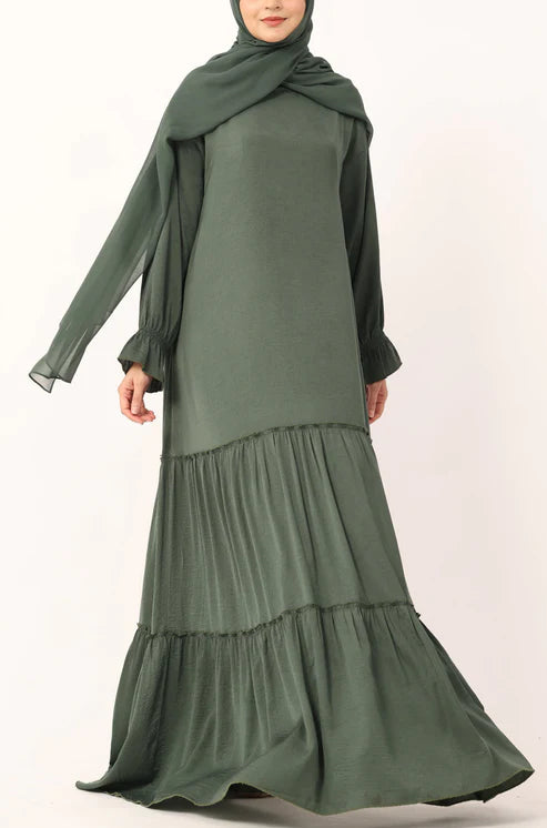 Olive Green Tiered Abaya Dress – Modest Ruffle Maxi Dress with Sleeves abaya