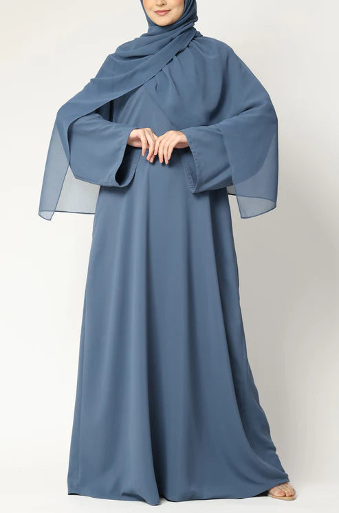 Elegant Blue Modest Maxi Dress with Flared Sleeves – Abaya Style for Muslim