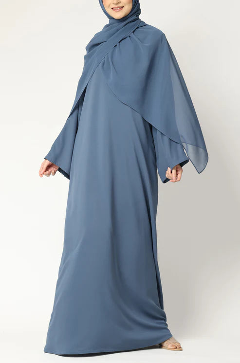 Elegant Blue Modest Maxi Dress with Flared Sleeves – Abaya Style for Muslim