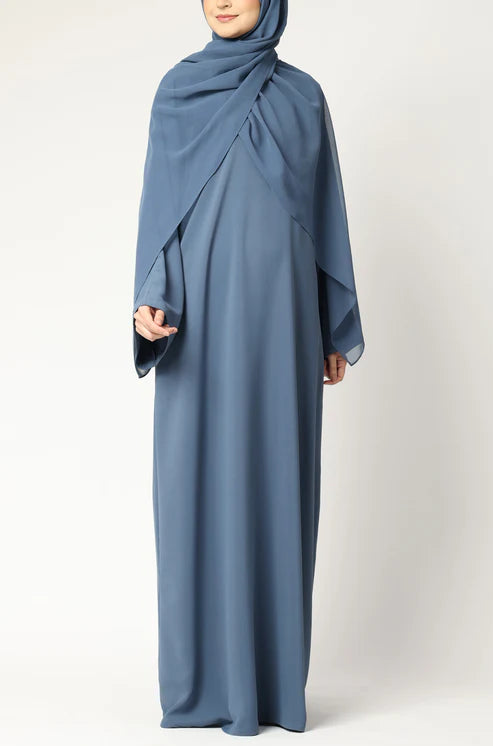 Elegant Blue Modest Maxi Dress with Flared Sleeves – Abaya Style for Muslim