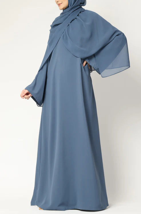 Elegant Blue Modest Maxi Dress with Flared Sleeves – Abaya Style for Muslim