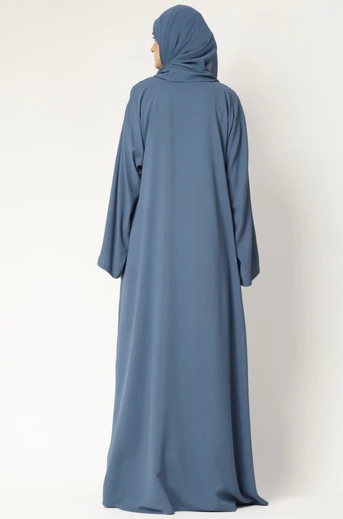Elegant Blue Modest Maxi Dress with Flared Sleeves – Abaya Style for Muslim