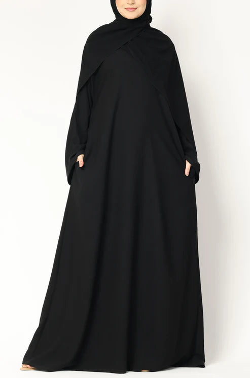 Elegant Black Abaya with Cape Overlay – Modest & Timeless Design