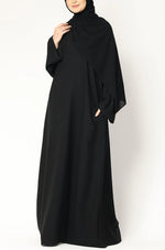 Load image into Gallery viewer, Elegant Black Abaya with Cape Overlay – Modest & Timeless Design