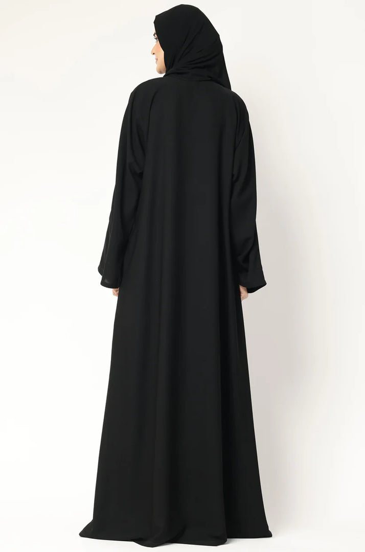 Black Layered Open Abaya with Snap Buttons – Modest Long Sleeve Abaya