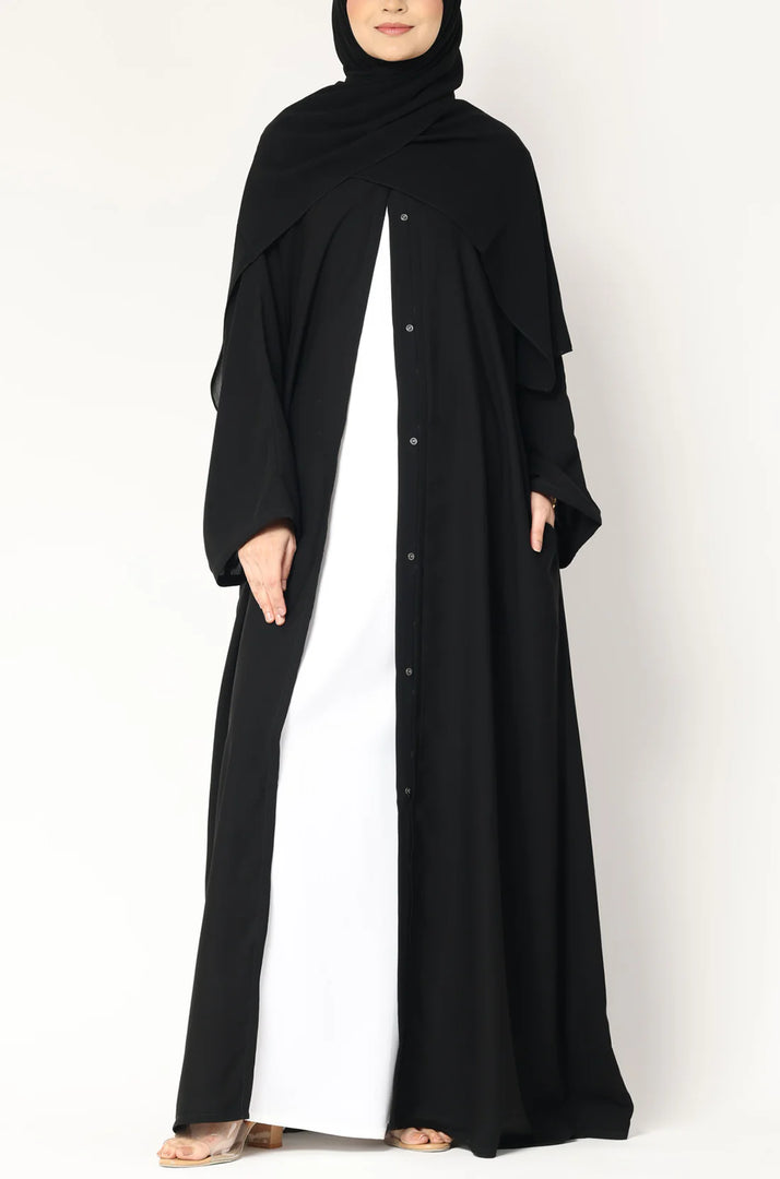 Black Layered Open Abaya with Snap Buttons – Modest Long Sleeve Abaya