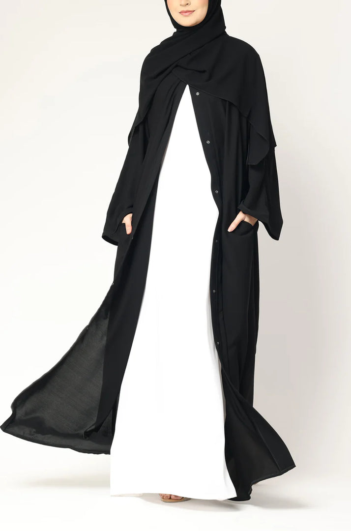 Black Layered Open Abaya with Snap Buttons – Modest Long Sleeve Abaya