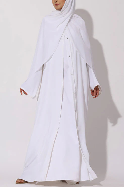Elegant White Modest Maxi Dress with Detachable Overlay – Long Sleeve Abaya Style