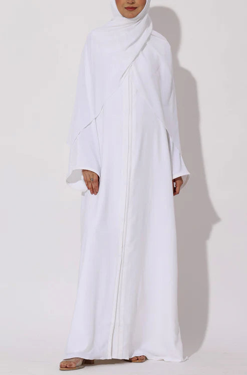Elegant White Modest Maxi Dress with Detachable Overlay – Long Sleeve Abaya Style