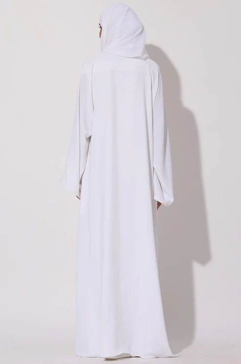 Elegant White Modest Maxi Dress with Detachable Overlay – Long Sleeve Abaya Style
